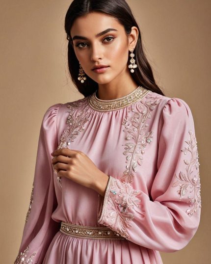 فستان مطرّز وردي بودرة