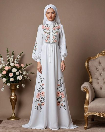 جلابية مطرّزة أبيض عاجي | جلابية فاخرة بتطريز زهري ناعم